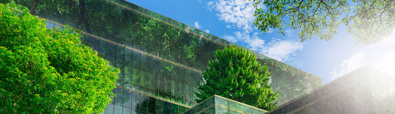 Grünes Gebäude Ein modernes Glasgebäude, eingebettet in üppiges Grün mit zahlreichen Pflanzen und Bäumen.